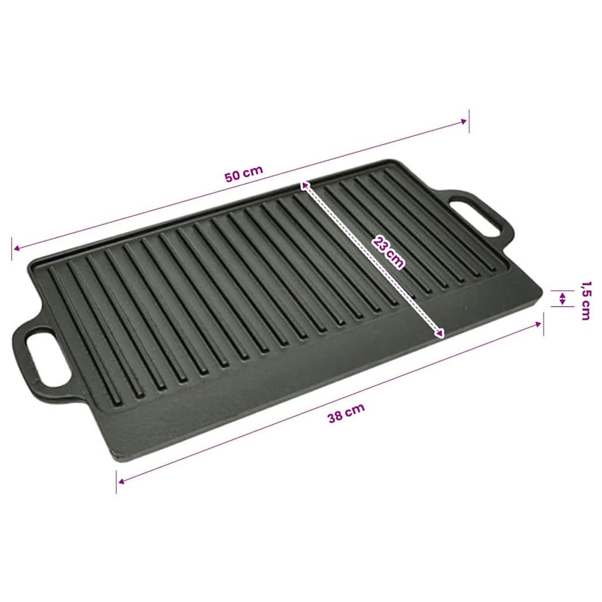 Una piastra grill in ghisa nera con manici, dimensioni indicate.
