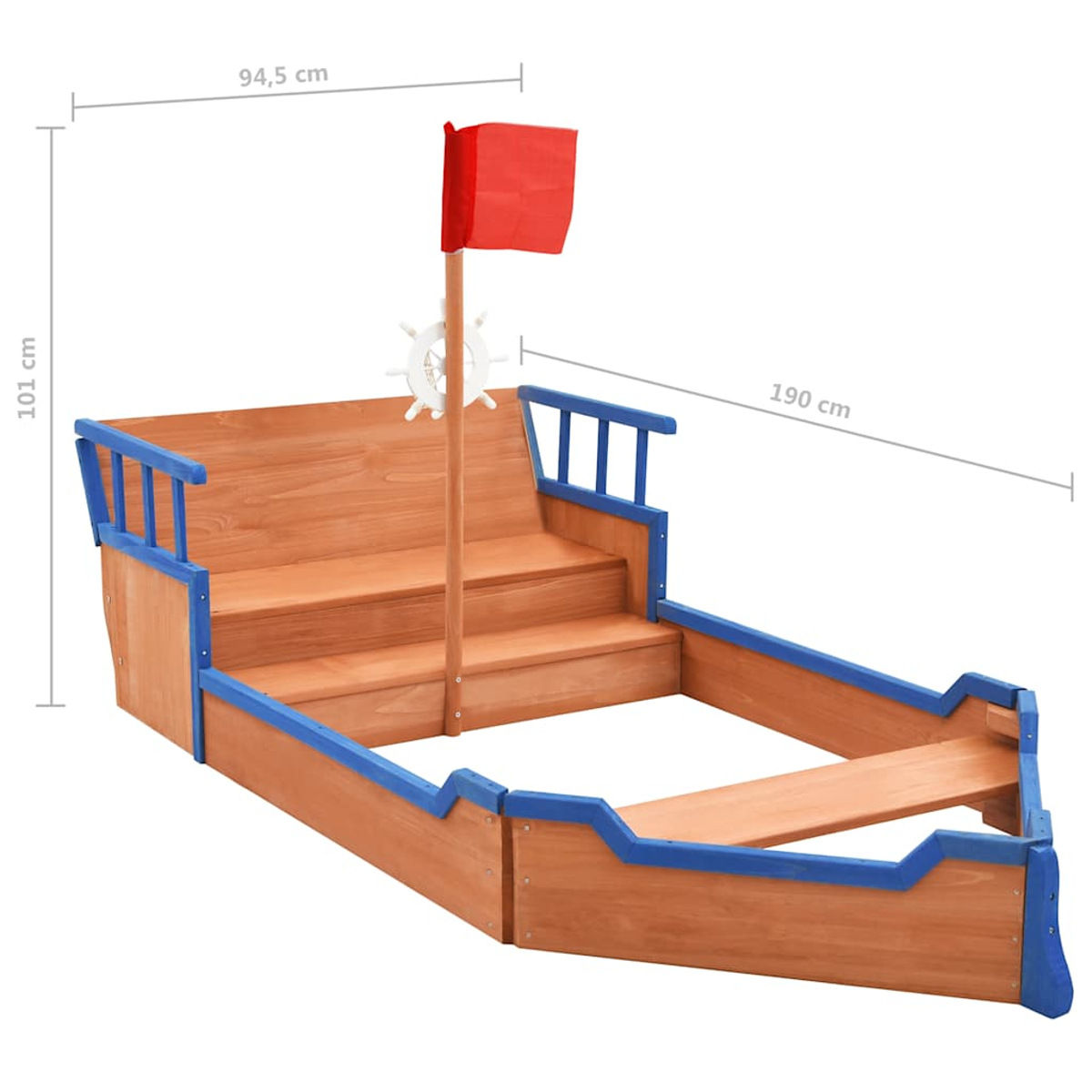 Sabbiera in legno a forma di nave con bandiera rossa e timone.