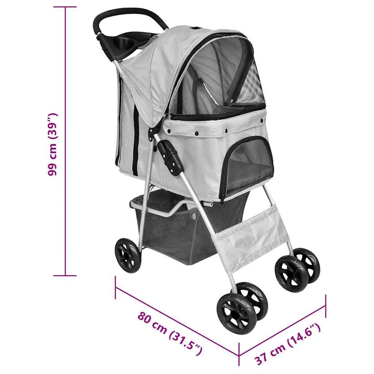 Ein grauer, zusammenklappbarer Kinderwagen für Haustiere mit Netzfenstern und einem Korb.