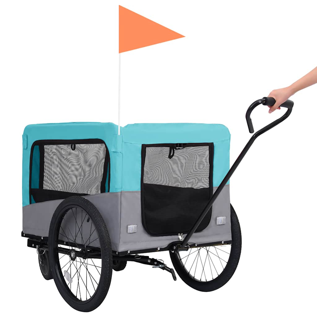 Zwei-Kammer-Anhänger mit orangefarbener Flagge, an dem ein Griff gehalten wird.