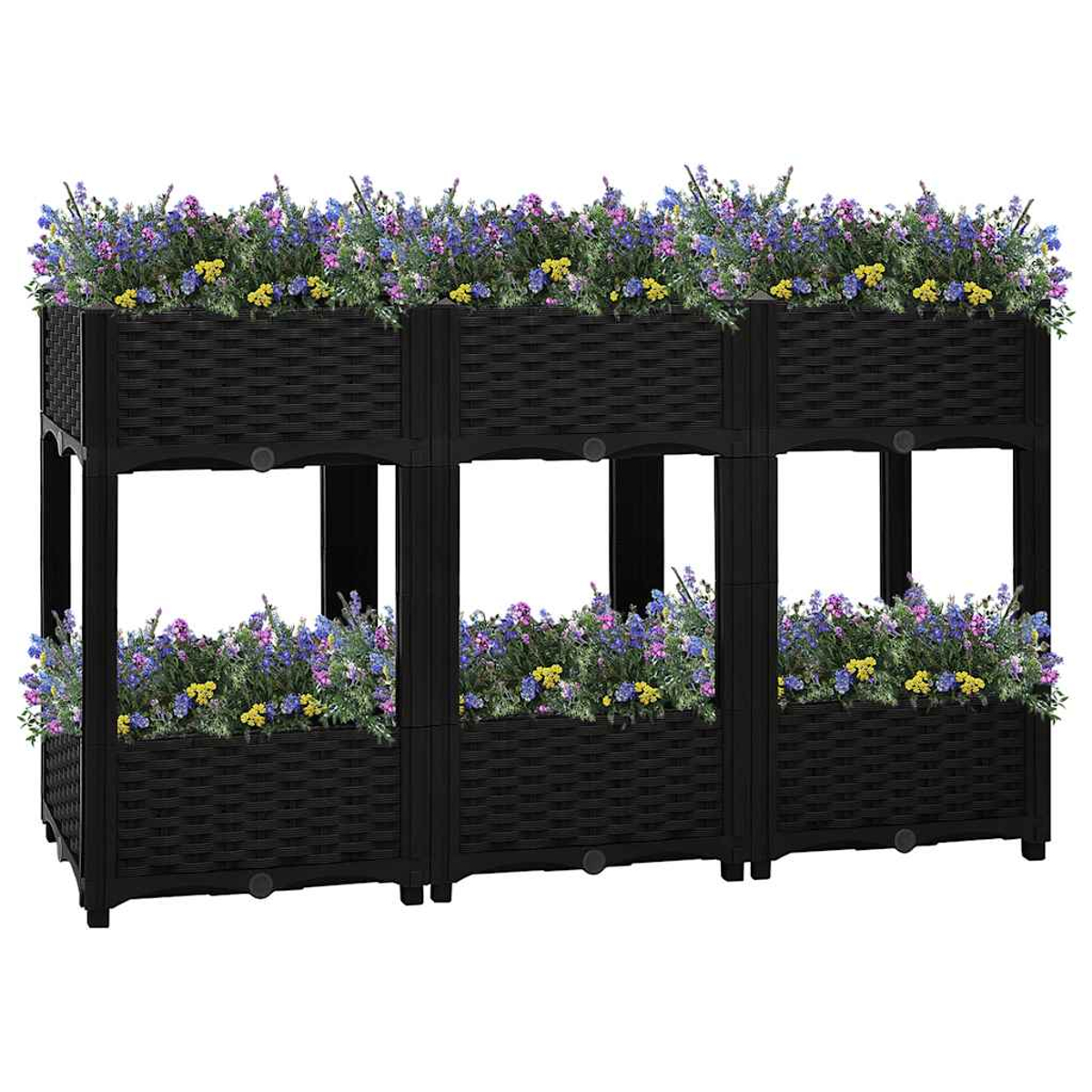 Mehrstufige schwarze Pflanzgefäße mit bunten Blumen in Blau-, Lila- und Gelbtönen.