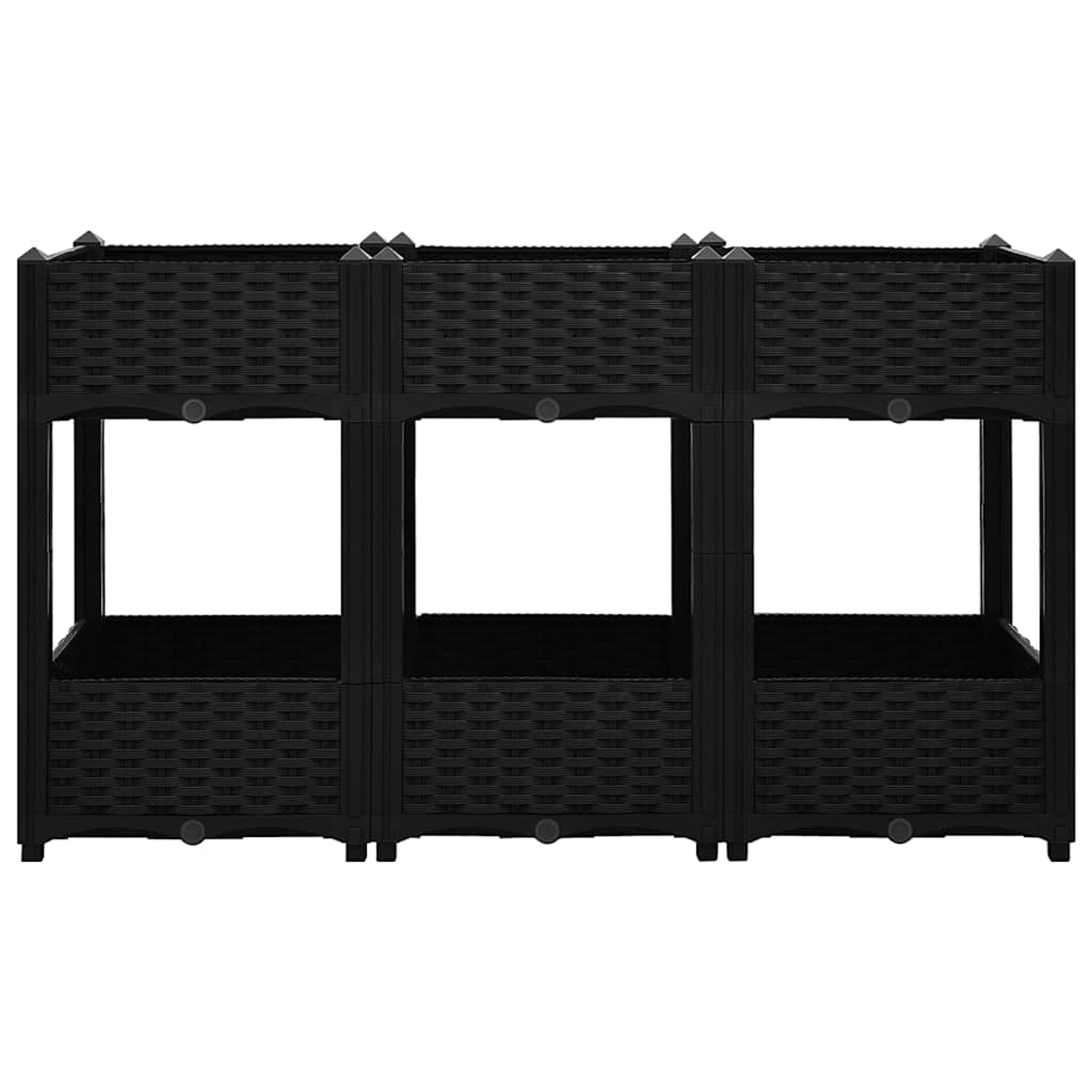 Drei schwarze Hochbeete aus Kunststoffgeflecht, nebeneinander aufgestellt.