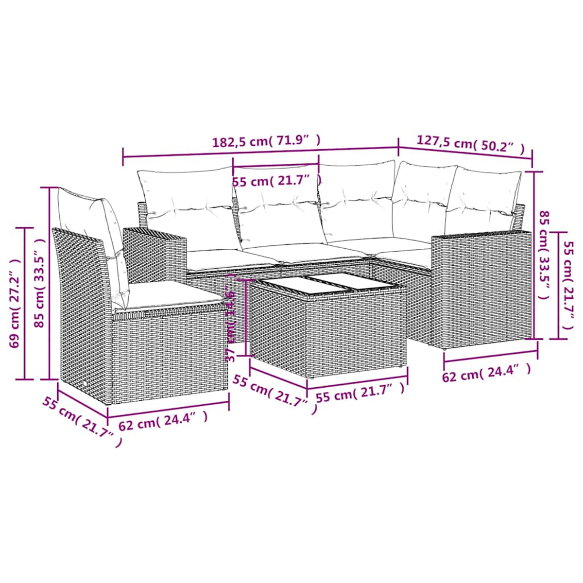 Geflecht-Loungemöbel mit Maßen, inkl. 2 Tische, 1 Ecksofa, 1 Sessel.