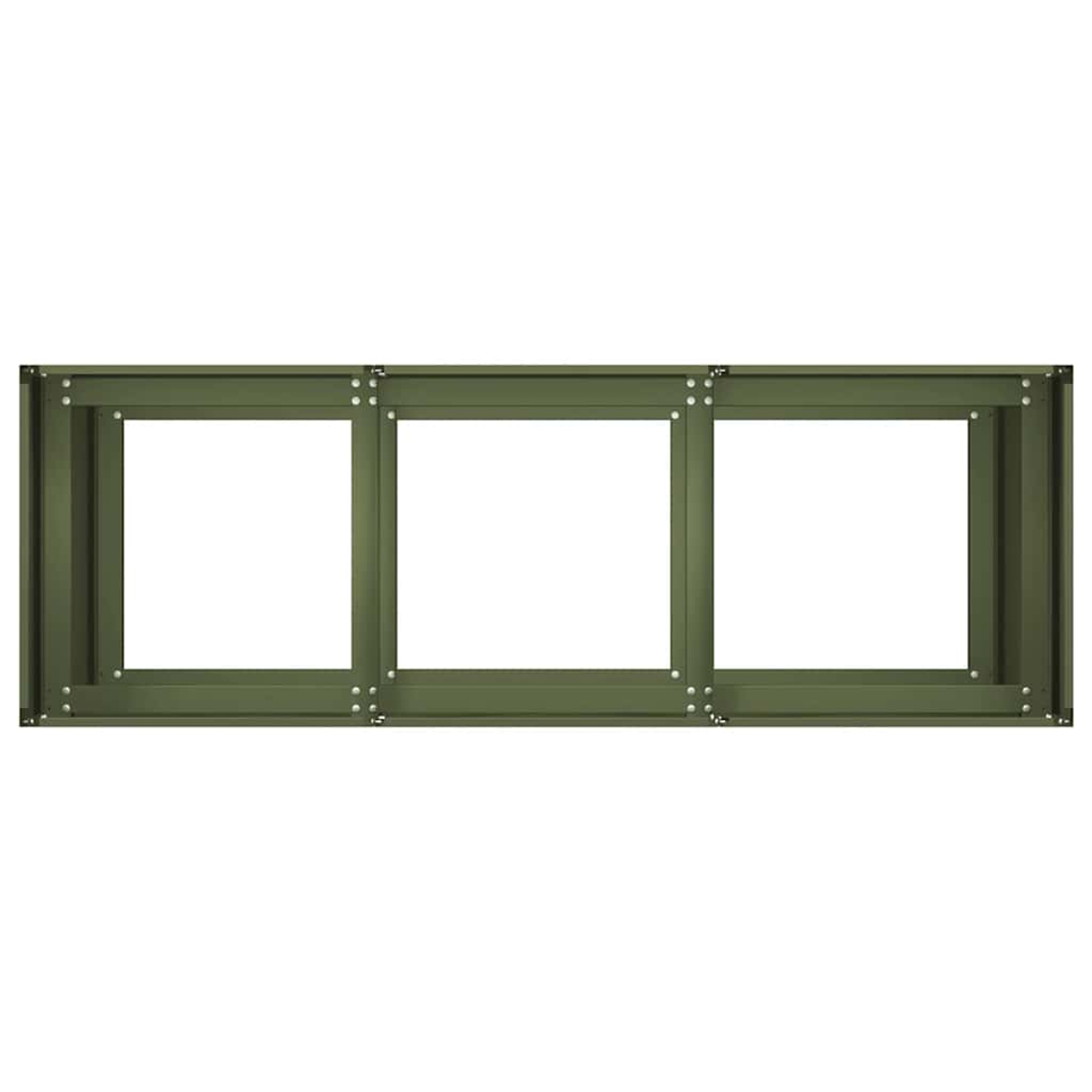 Una cornice metallica verde con tre aperture quadrate, unite da viti.