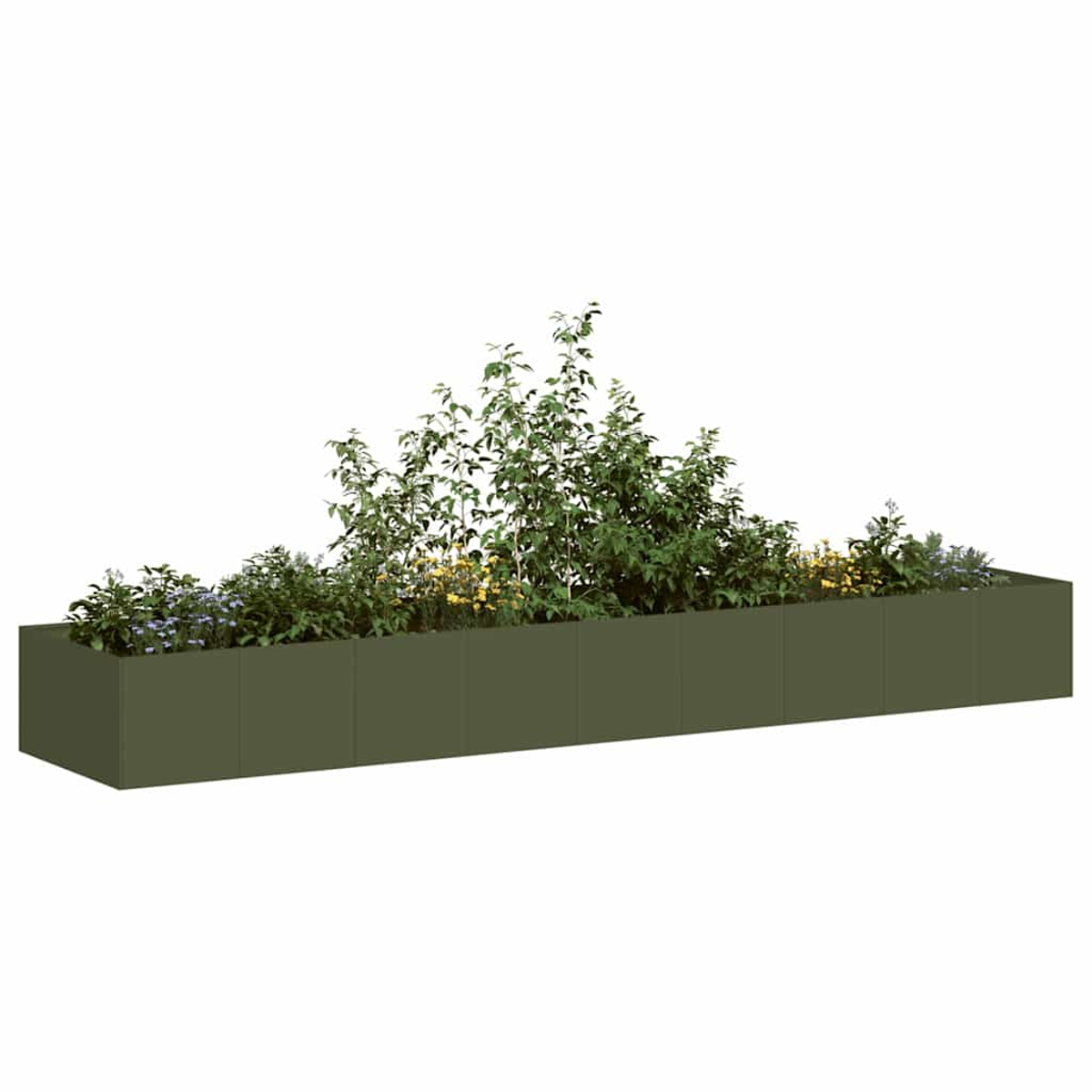 Una lunga fioriera rettangolare scura piena di lussureggianti piante verdi e piccoli fiori gialli e blu.