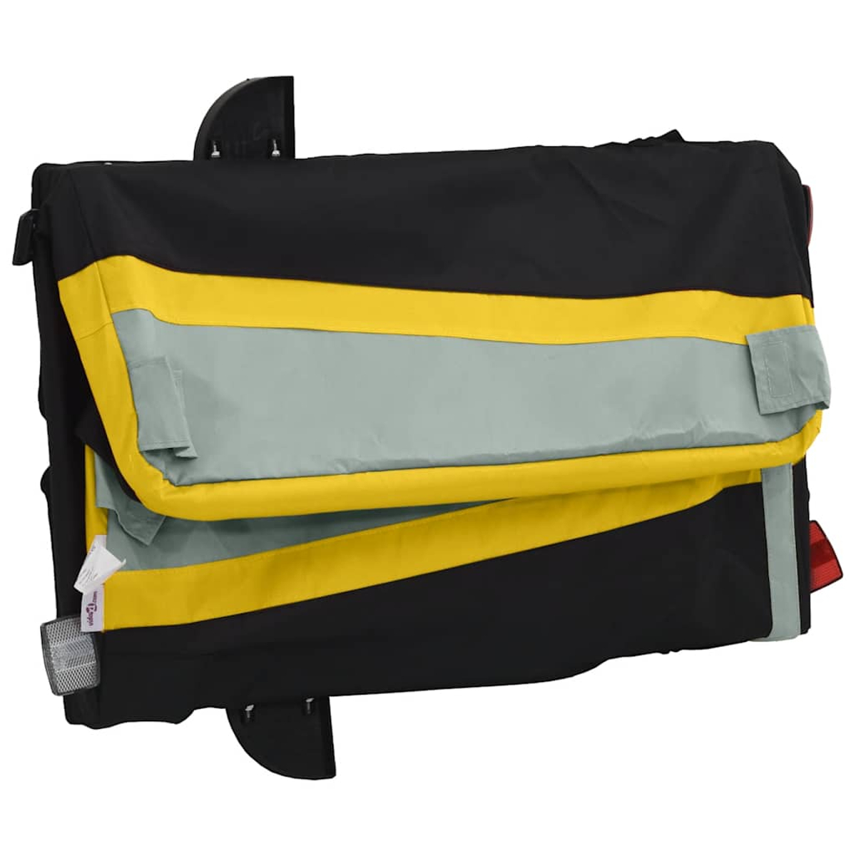 Schwarzer Kinderwagen mit gelben und grauen Streifen, zusammengeklappt.