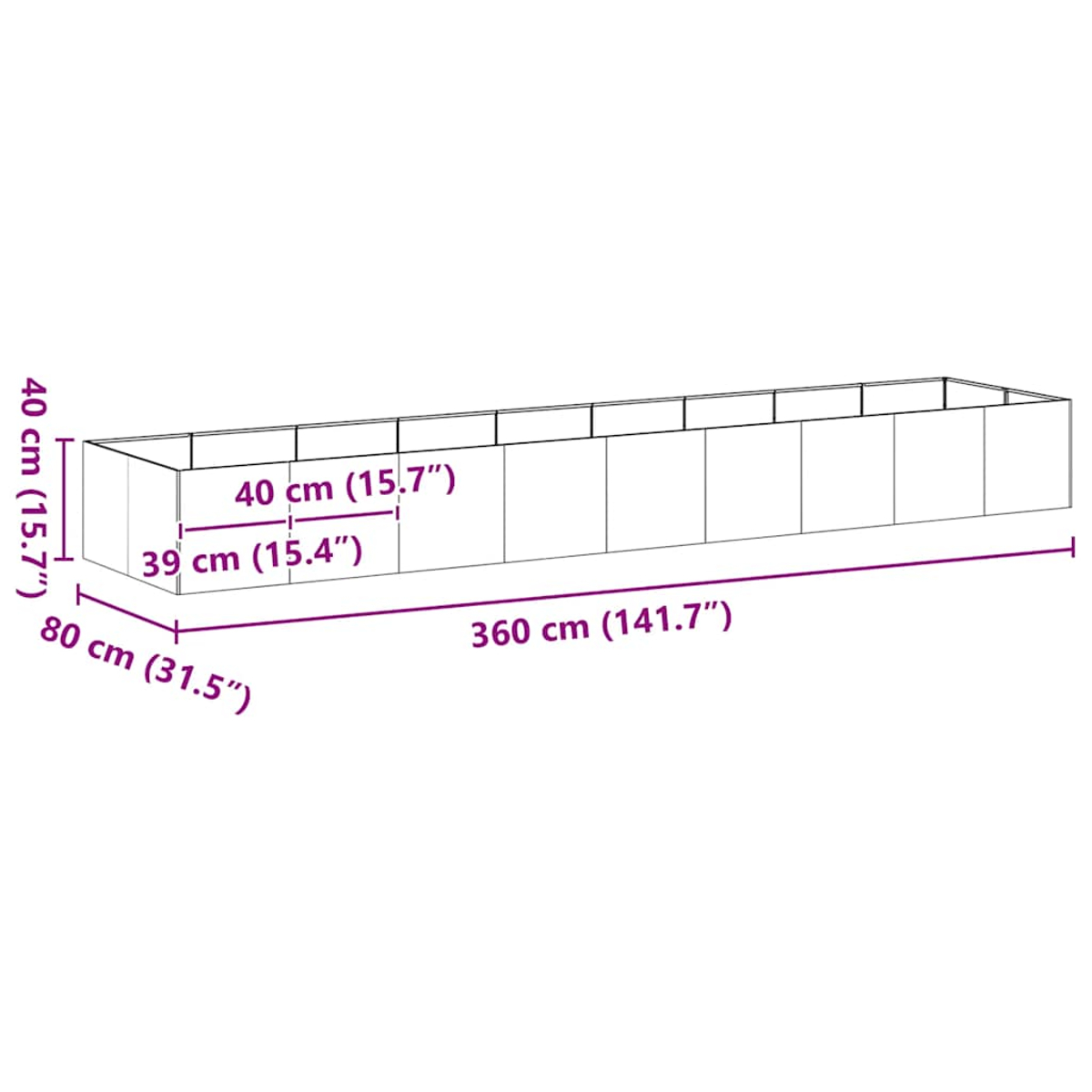 Una scatola bianca rettangolare con dimensioni 360x80x40 cm.