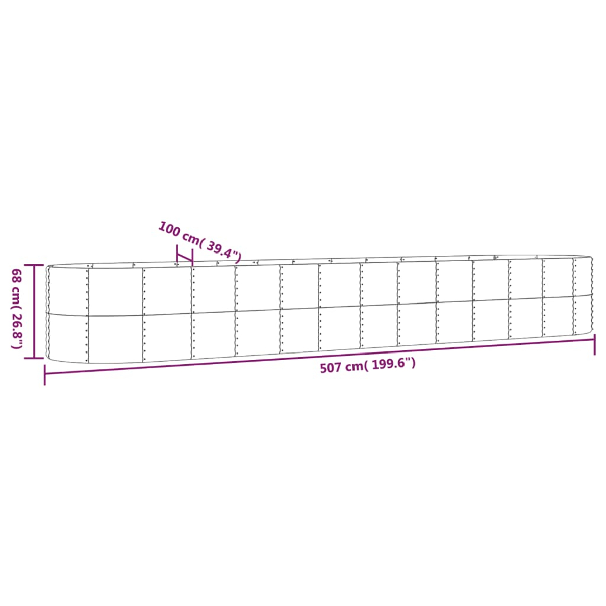 Ein Diagramm zeigt ein langes, rechteckiges Objekt mit Beschriftungen: 507 cm lang, 68 cm hoch, 100 cm breit.