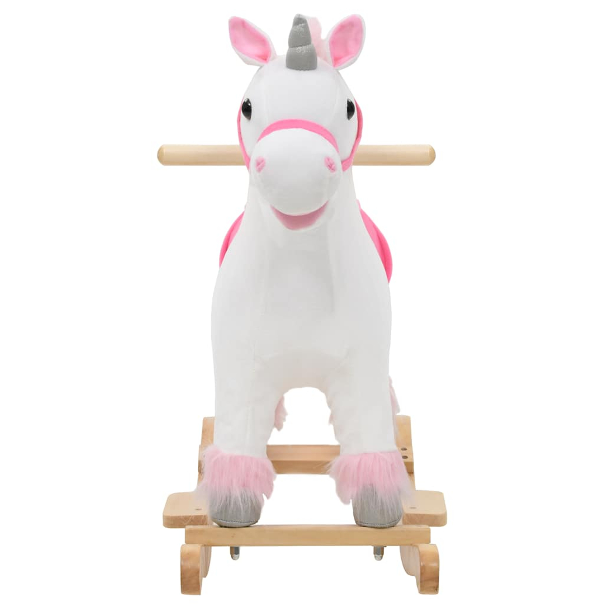 Ein weißes Einhorn-Schaukeltier mit rosa Akzenten und Holzgestell.