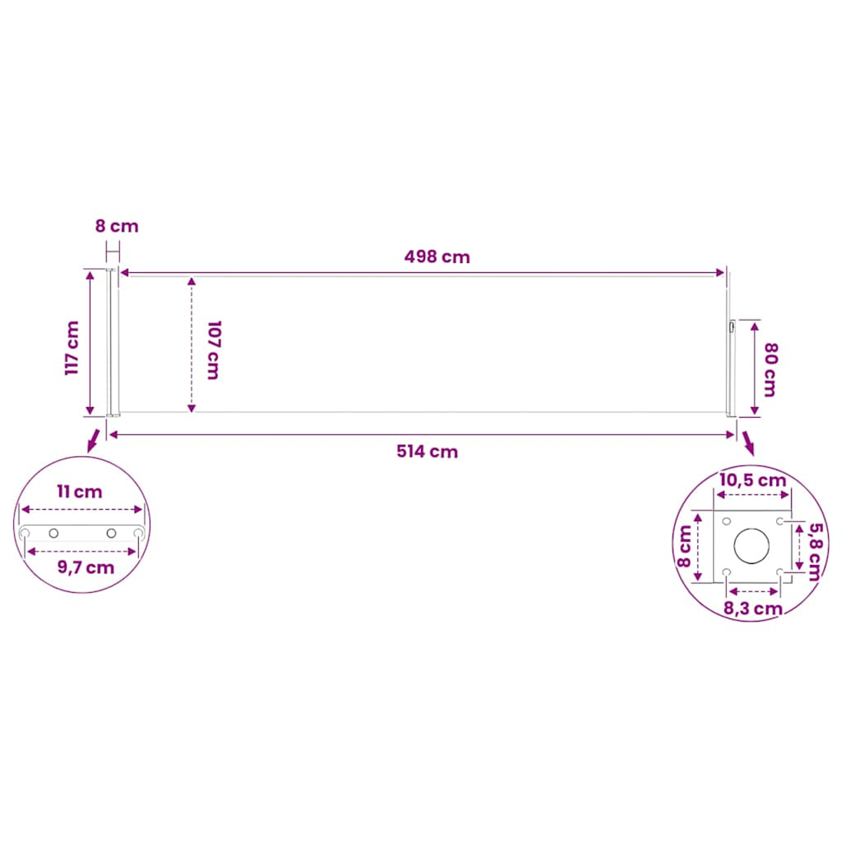 Diagramm mit Maßen für ein langes Objekt: 514 cm L, 117 cm H, 8 cm T. Details links und rechts.
