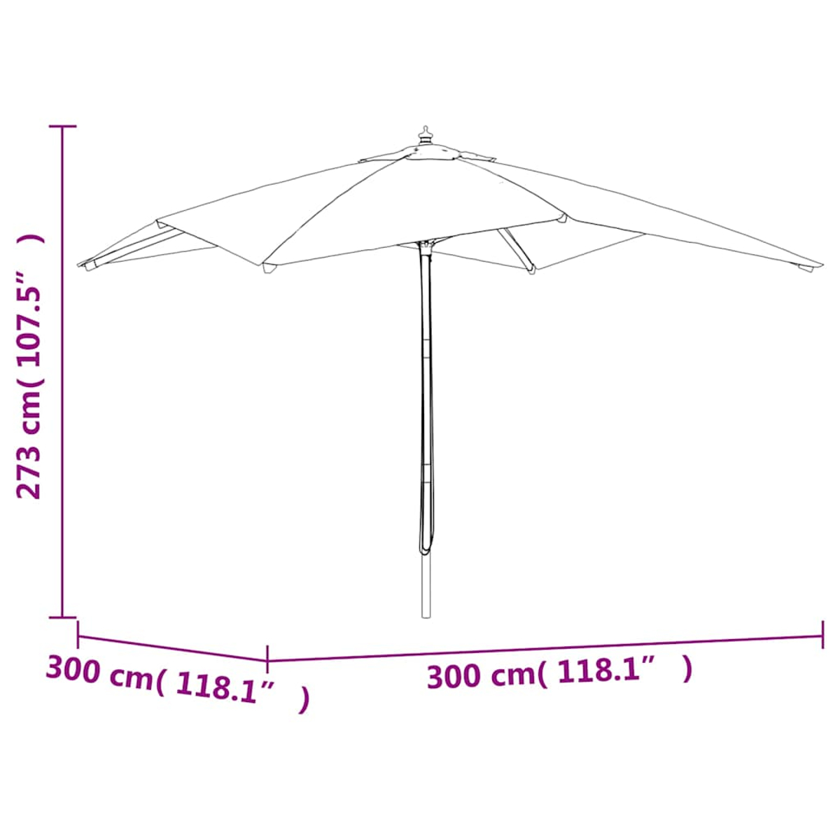 Zeichnung eines offenen Sonnenschirms mit 273cm Höhe und 300cm Breite.
