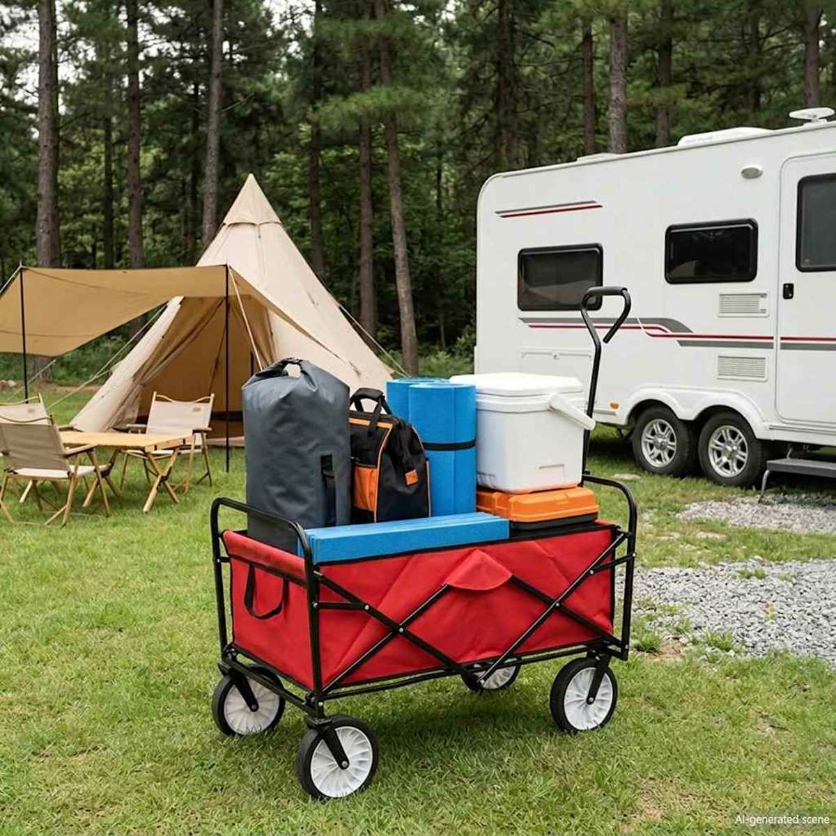 Roter Bollerwagen mit Campingausrüstung neben einem Zelt und Wohnmobil in einem Waldgebiet.