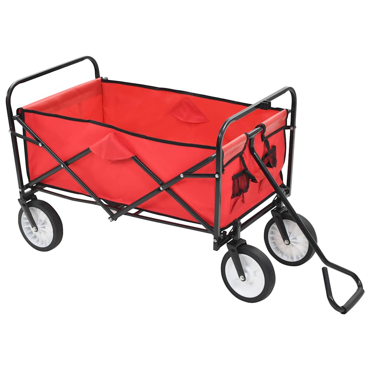 Ein roter faltbarer Wagen mit schwarzem Rahmen und Rädern, mit Griff zum Ziehen.