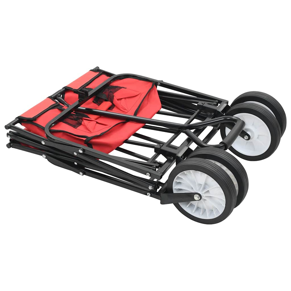 Ein zusammengeklappter roter Bollerwagen mit schwarzen Rädern auf weißem Hintergrund.