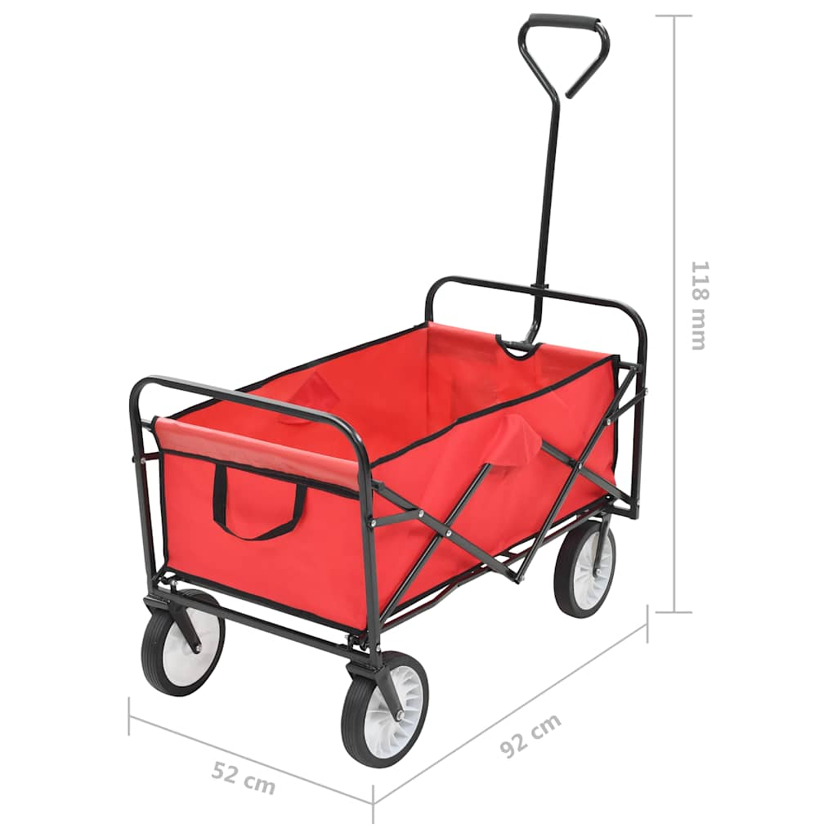 Ein roter klappbarer Bollerwagen mit schwarzem Metallrahmen und Griff.