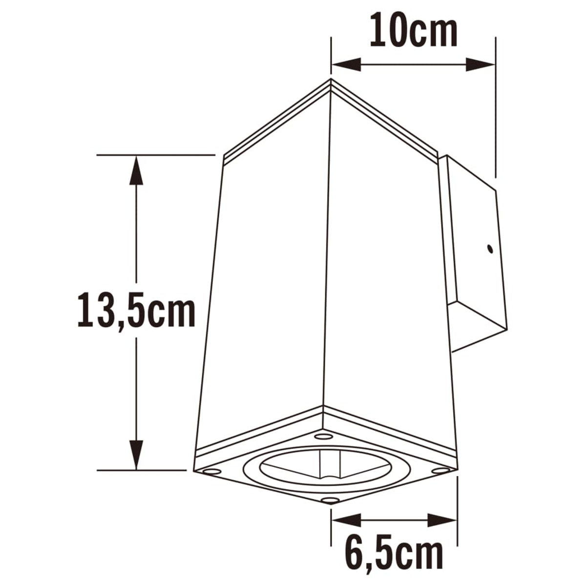 Technische Zeichnung einer Wandleuchte mit Maßen 10cm, 13,5cm und 6,5cm.