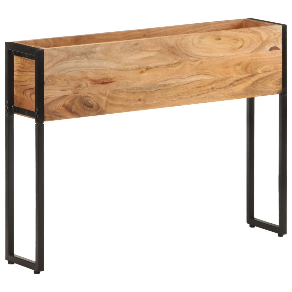 Ein rechteckiger Holzkasten mit schwarzem Metallgestell auf weißen Hintergrund.