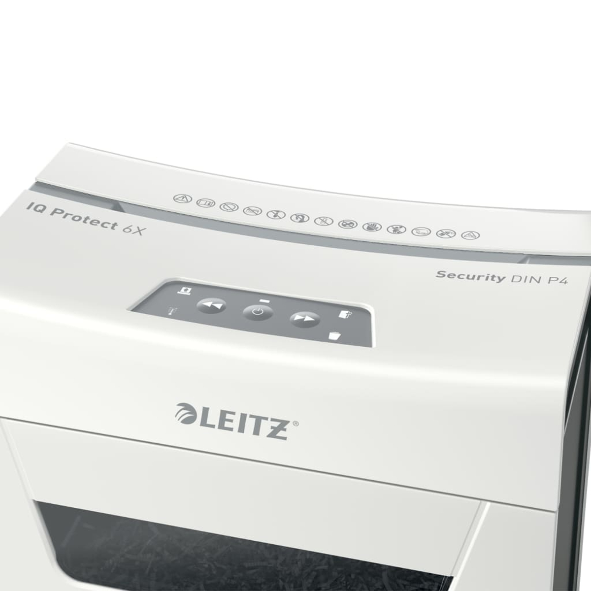 Trituradora de papel blanca con logo Leitz y botones de control.