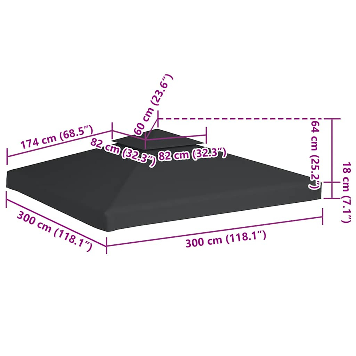 Toldo de cenador con dimensiones 300x300cm y altura 174cm.