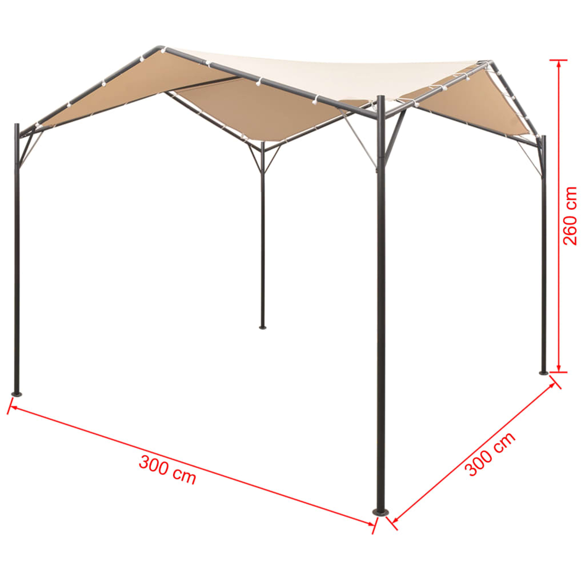Ein beiger Pavillon mit Metallgestell, 300x300x260 cm.