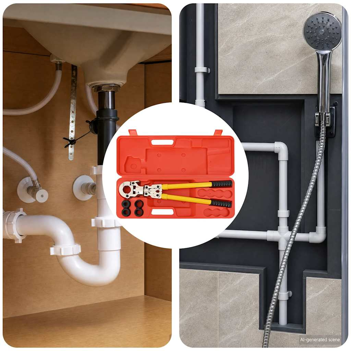 Werkzeugkasten mit Rohrleitungswerkzeug neben Waschbecken und Dusche.