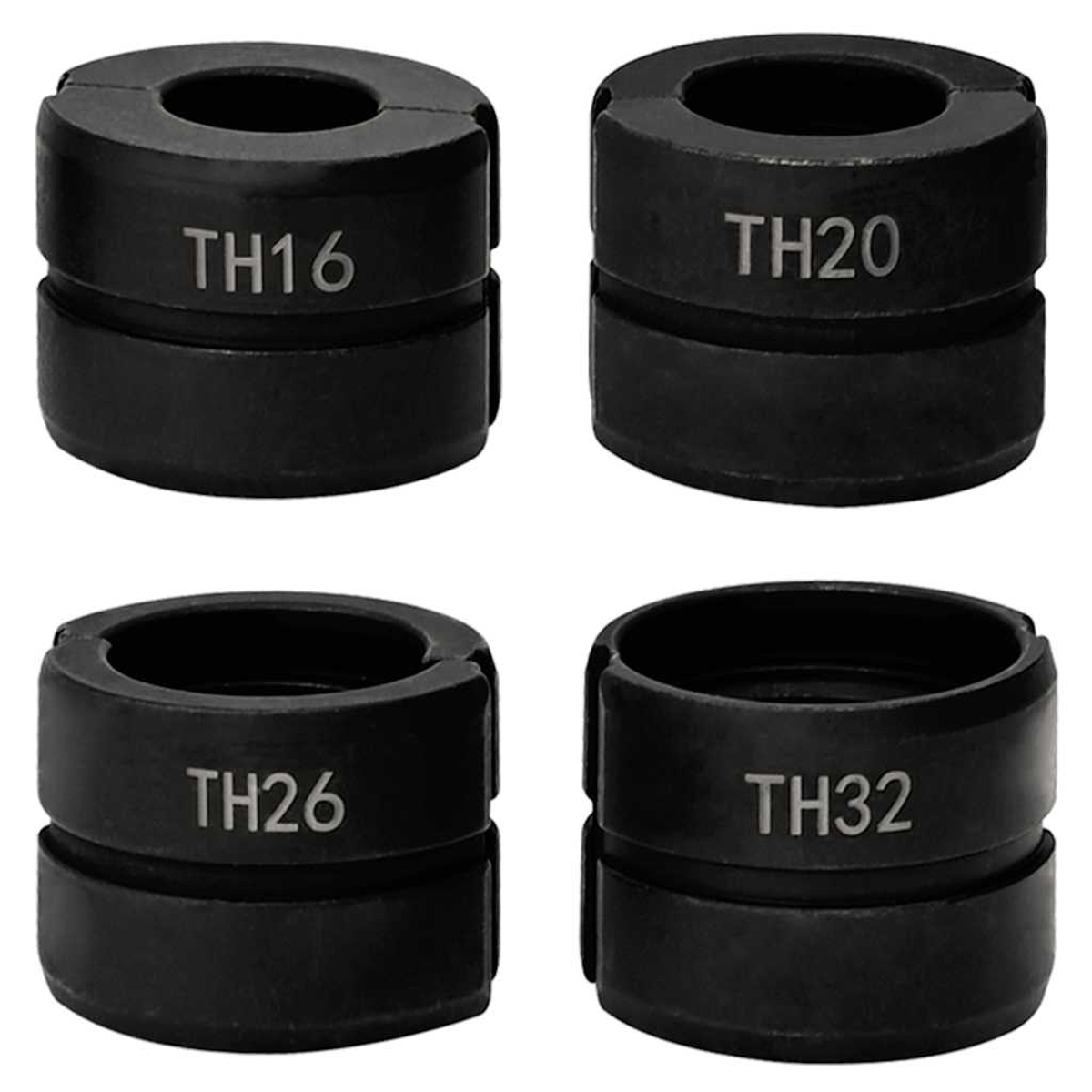 Vier schwarze Metallringe mit Größenangaben: TH16, TH20, TH26, TH32.