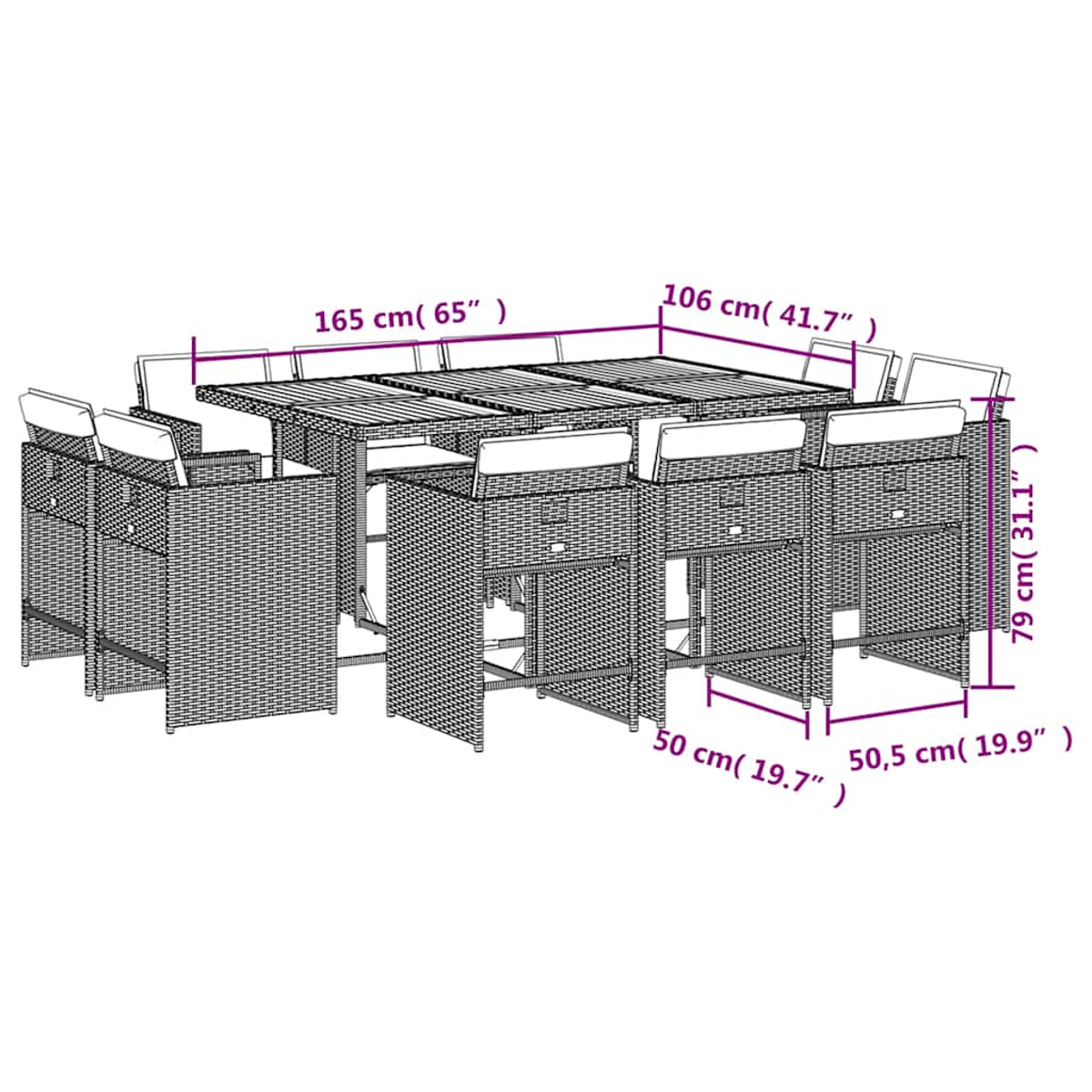 Geflochtenes Ess-Set mit Tisch (165x106x79cm) und 8 Stühlen (50x50,5cm).
