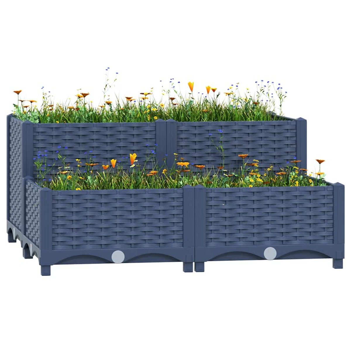 Ein gestufter blauer Blumenkasten mit grüner Vegetation und kleinen gelben und blauen Blumen.
