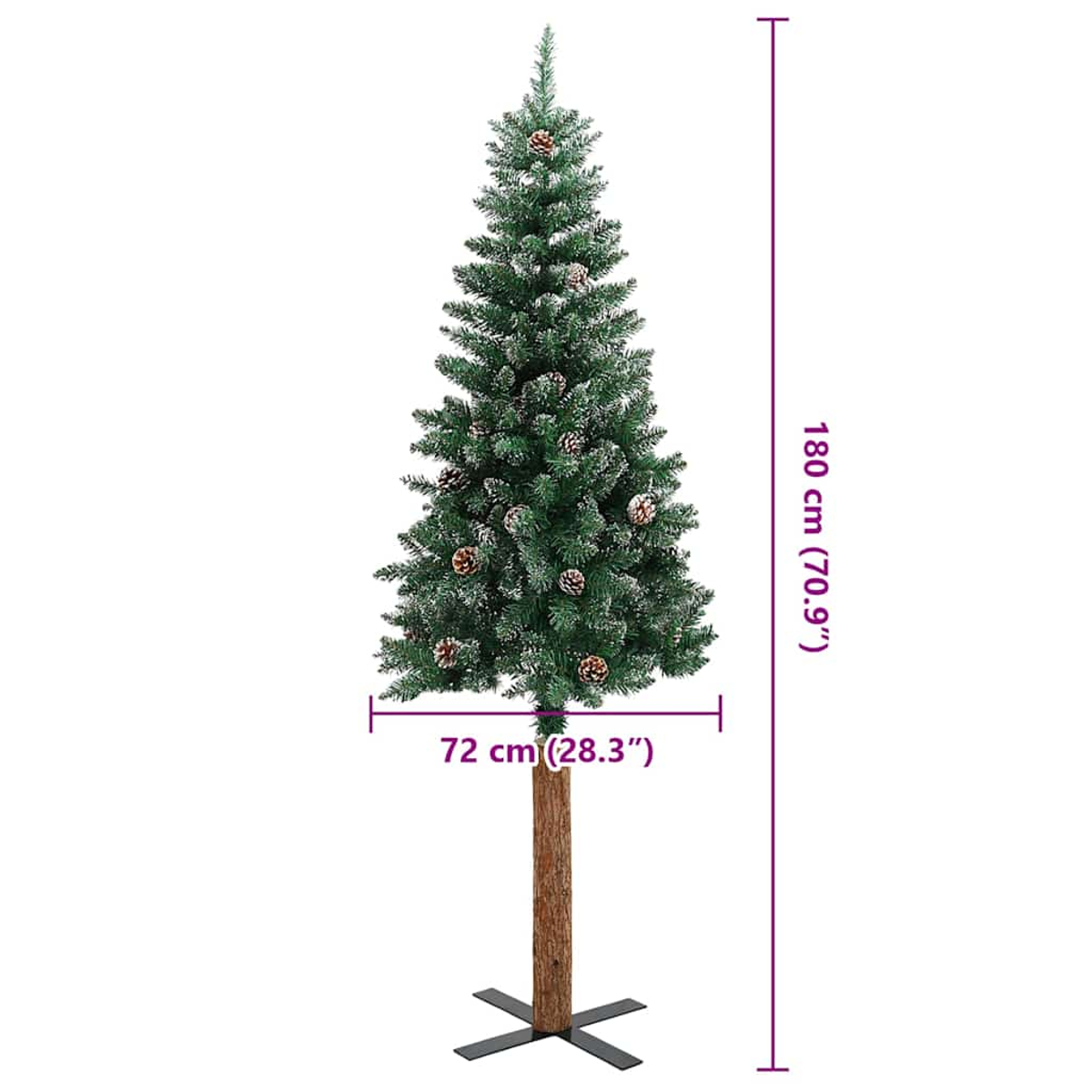 Ein 180 cm hoher, grüner Weihnachtsbaum mit Zapfen und Schnee, auf einem Holzstamm.