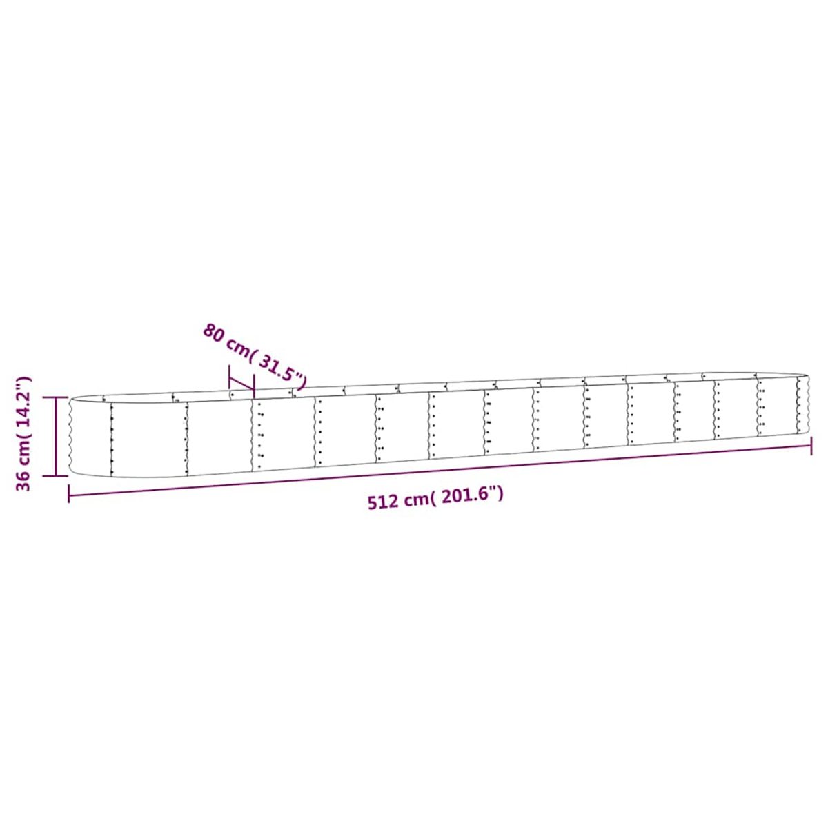 Länglich rechteckige Form mit Maßen 512 cm x 36 cm x 80 cm.