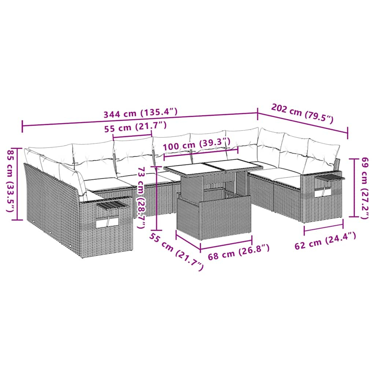 Geflochtenes Lounge-Set mit Tisch. Maße: 344x202cm (LxB), 85cm (H).