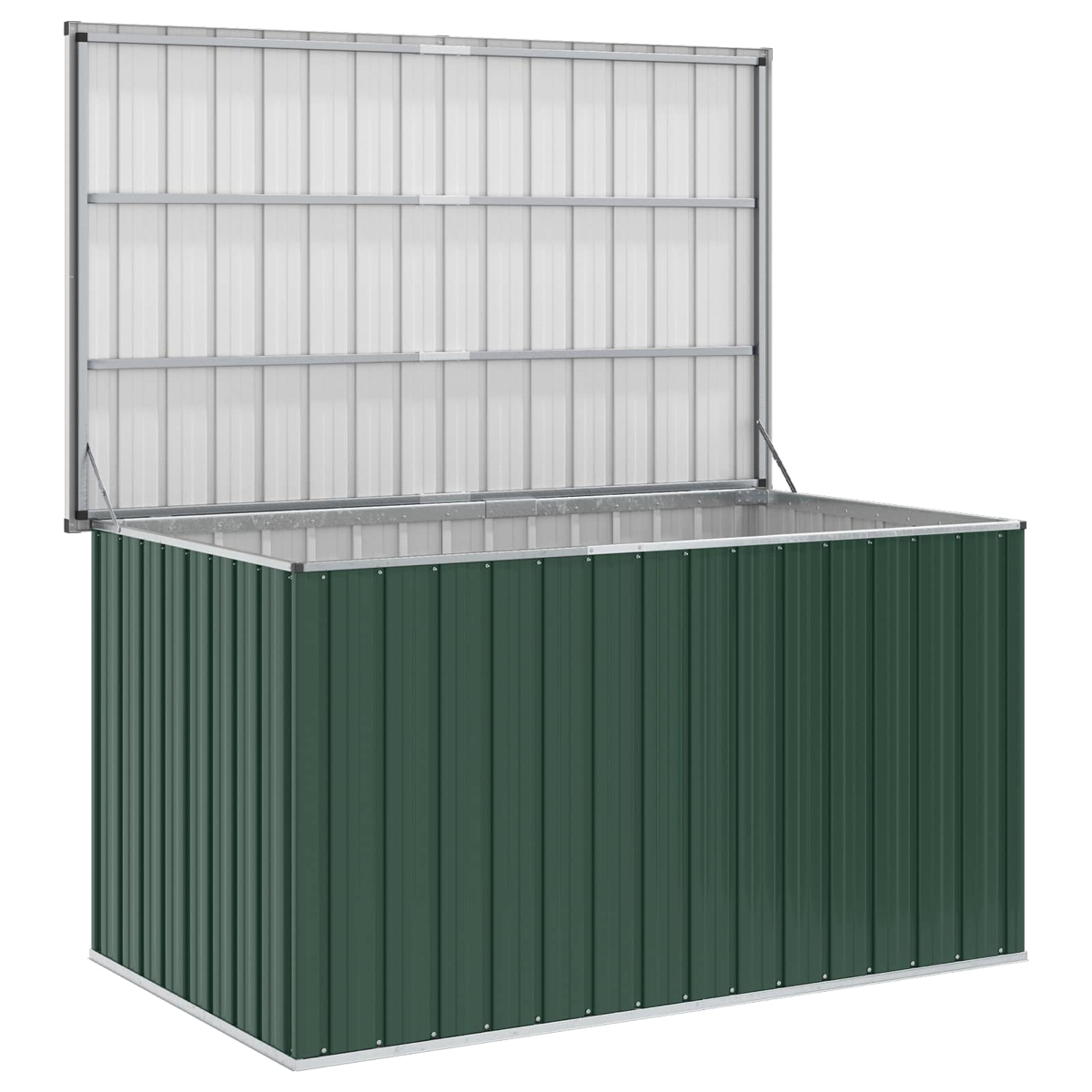 Un box contenitore in metallo verde scuro con coperchio aperto.
