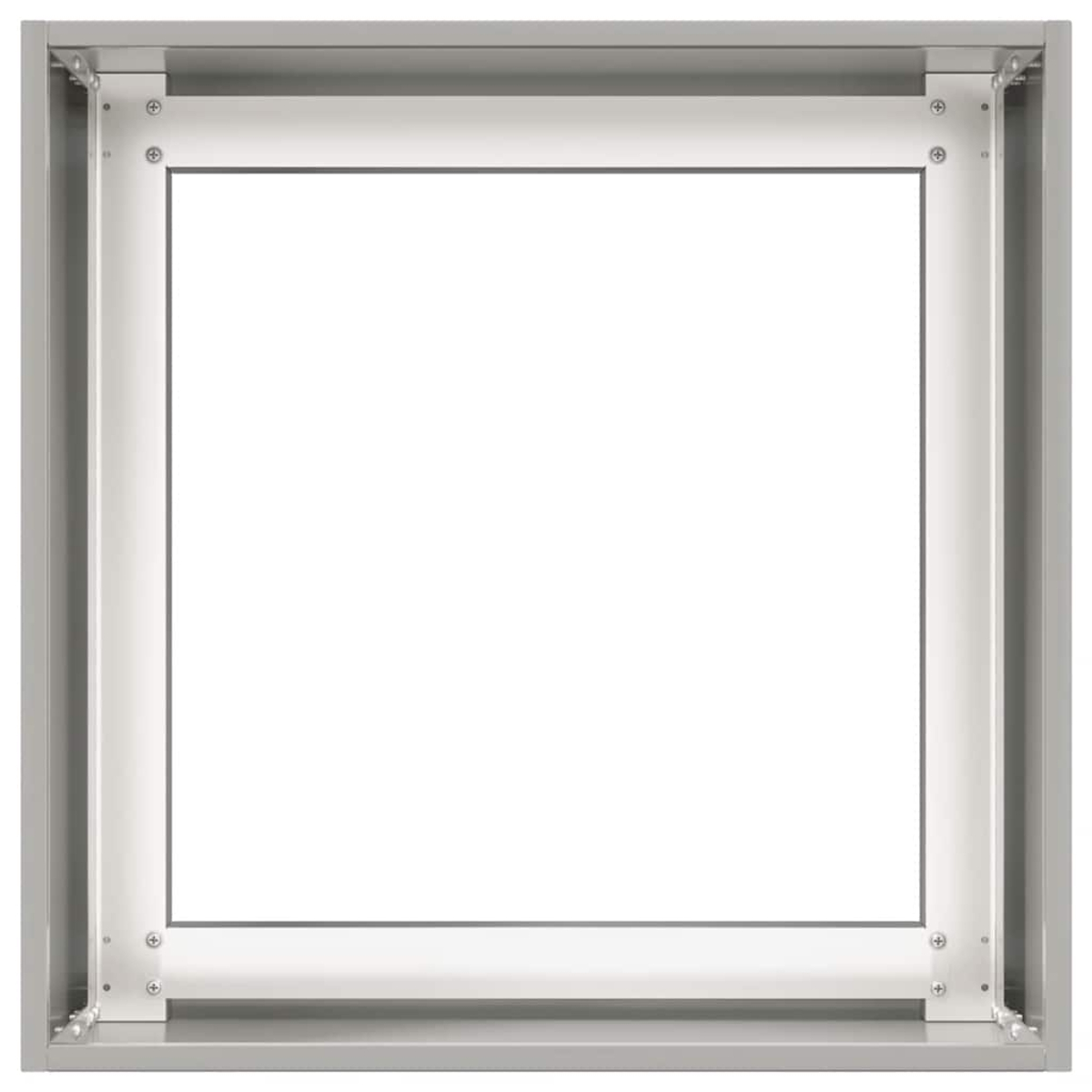 Una cornice in metallo argentato con un centro bianco vuoto e viti visibili.