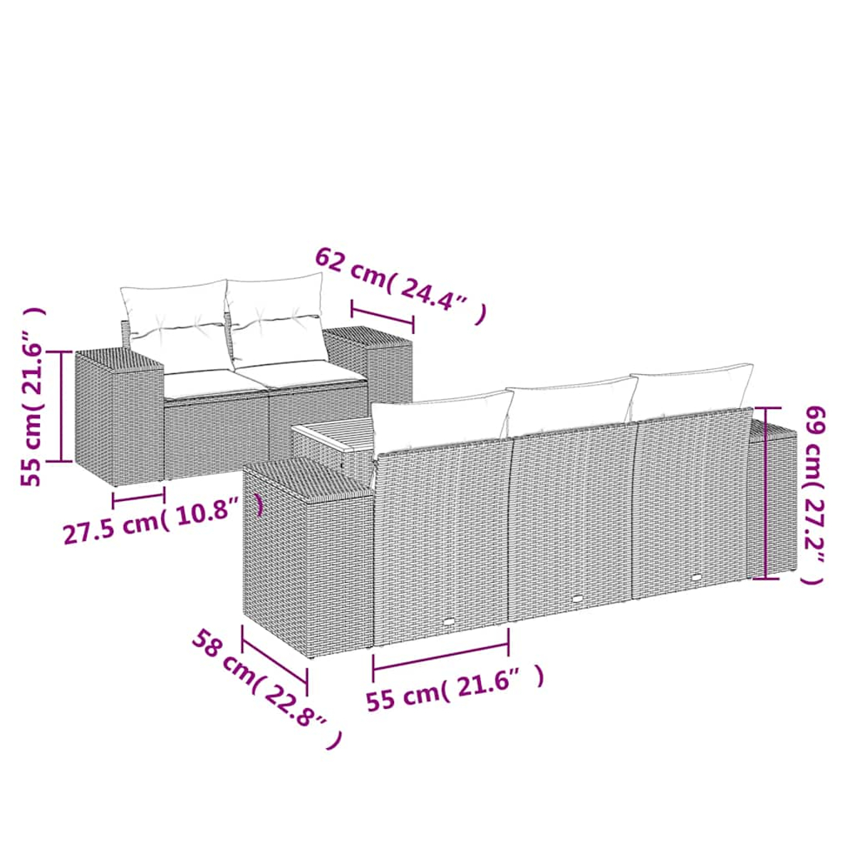 Geflochtene Gartenmöbel mit Kissen: Zweisitzer (62x55cm) und Dreisitzer (140x55cm).