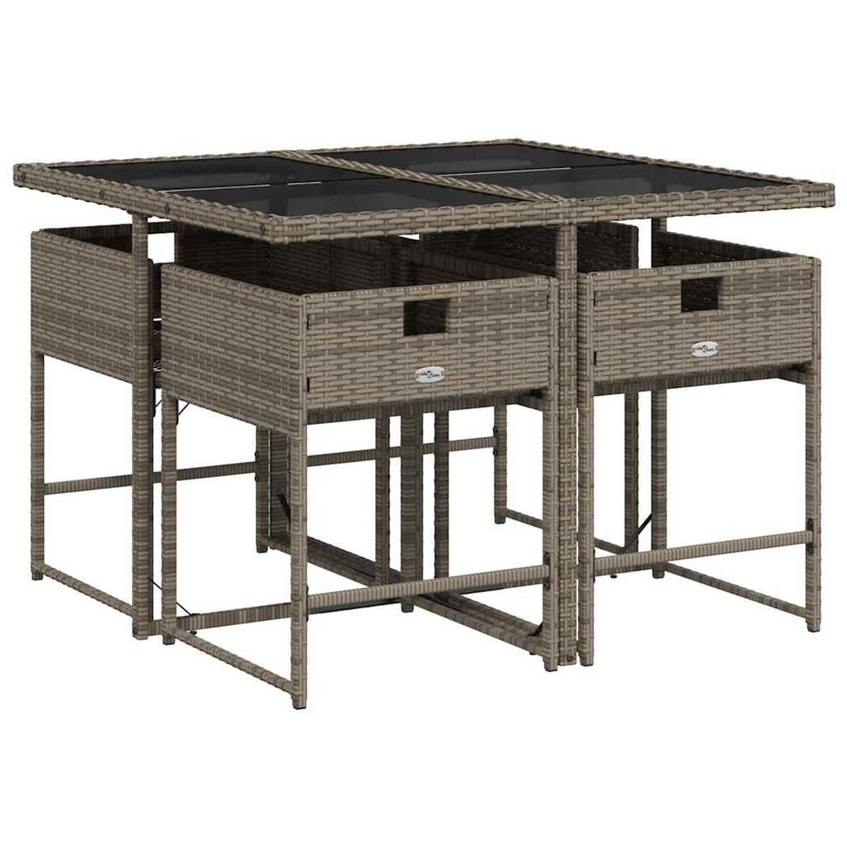 Ein rechteckiger Tisch aus Rattan mit Glasplatte und integrierten Ablagen.