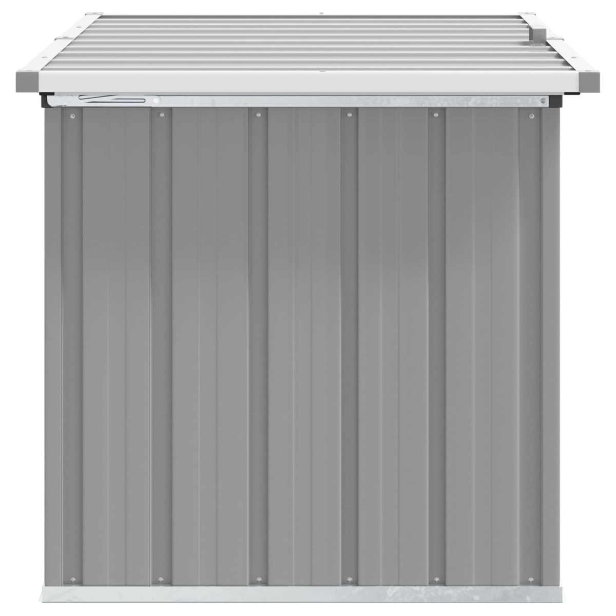 Capanno metallico grigio con tetto ondulato e pareti verticali.