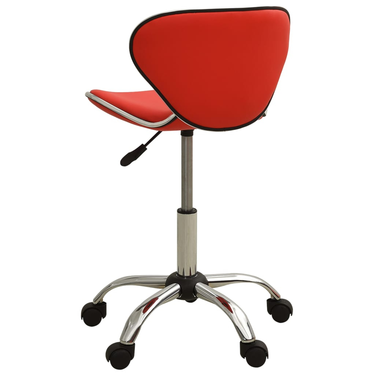 Una silla de oficina roja con ruedas, giratoria y regulable en altura.