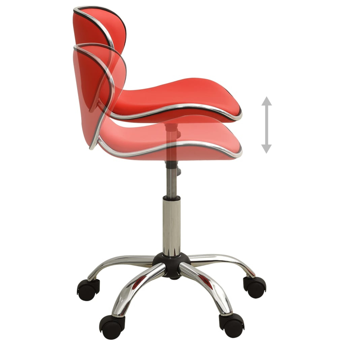 Silla de oficina roja con borde cromado, altura regulable, con ruedas.