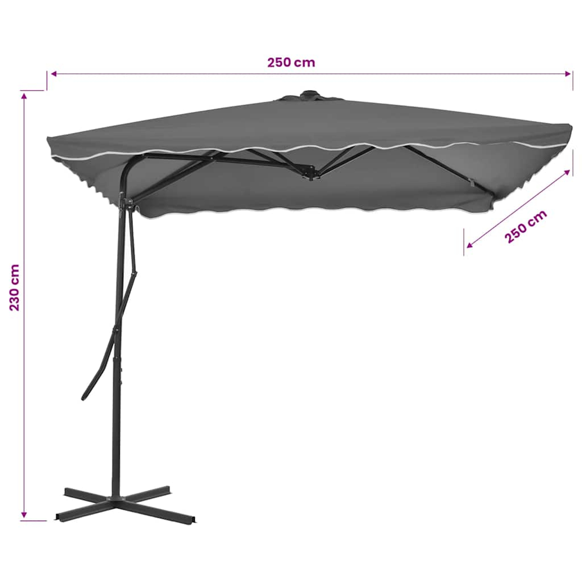 Ein grauer Ampelschirm mit weißen Kanten, 250 cm breit und 230 cm hoch.
