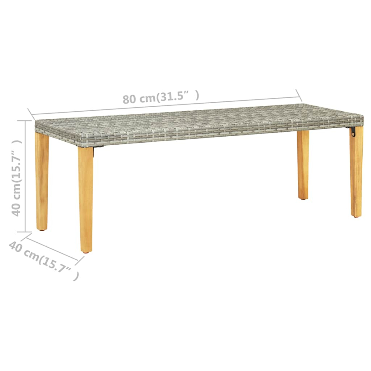 Grauer Rattan-Tisch mit Holzbeinen, 80 cm lang, 40 cm breit und 40 cm hoch.