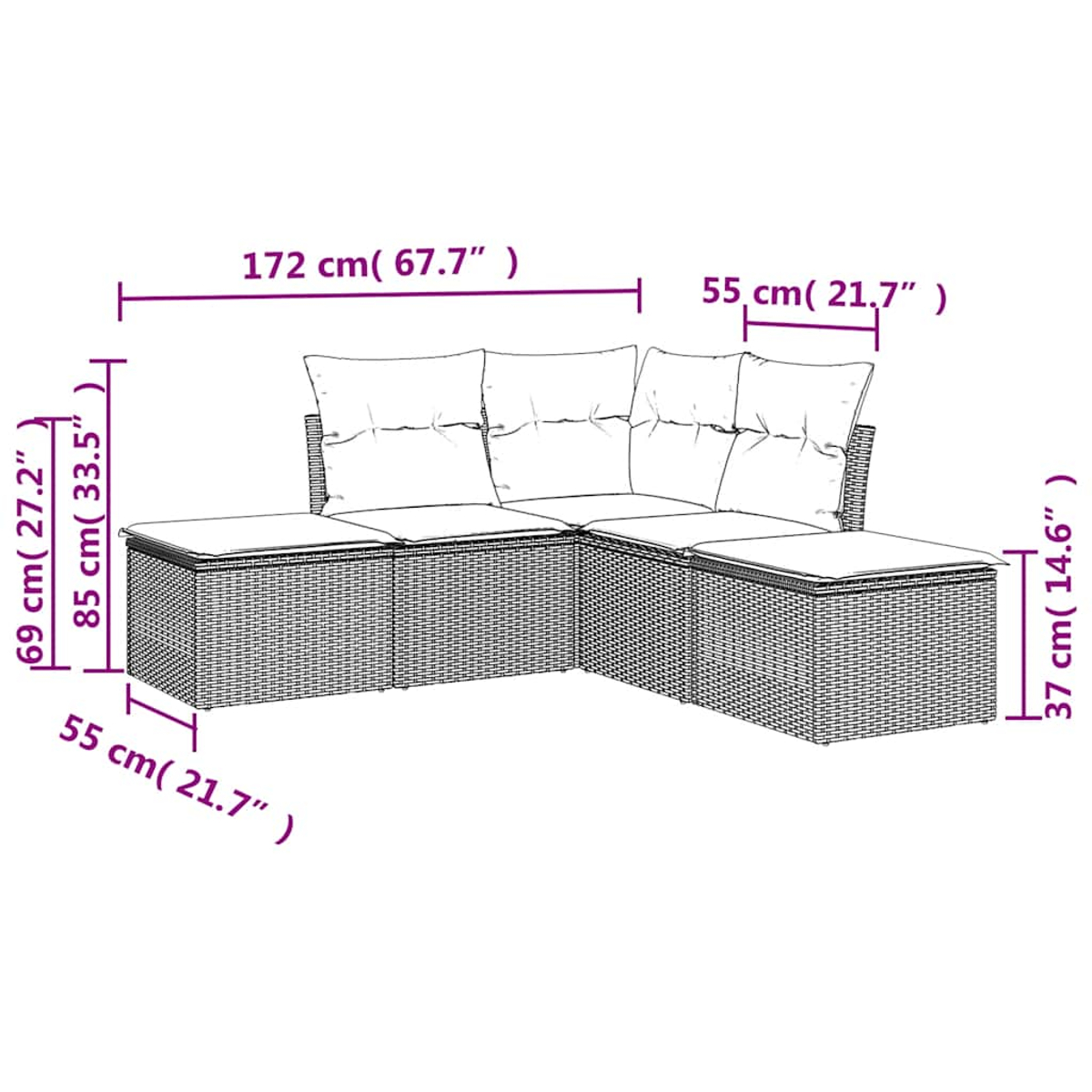 Graues Geflecht-Ecksofa mit weißen Kissen, Maße sind angegeben.