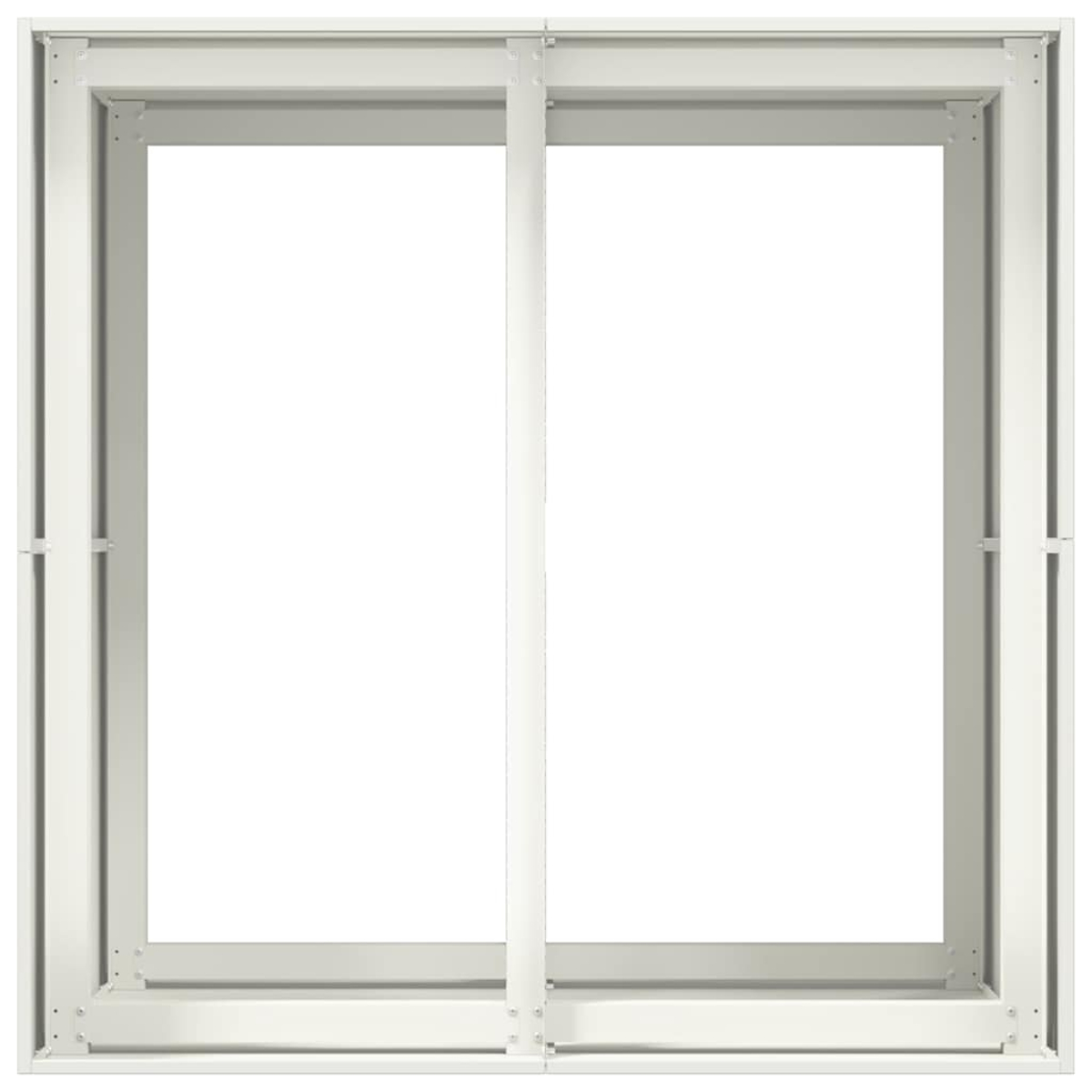 Una finestra scorrevole beige chiaro con due ante su sfondo bianco.