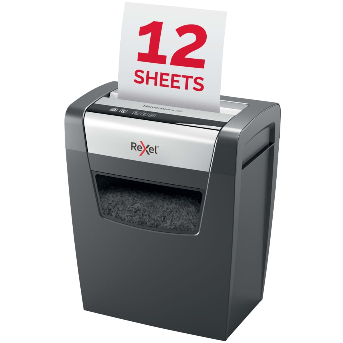 Niszczarka do papieru Rexel Momentum X312 z 12 kartkami papieru w trakcie niszczenia.