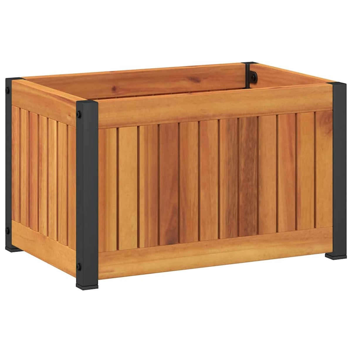 Ein rechteckiger Holzkübel mit dunklen Metallecken und Verzierungen.