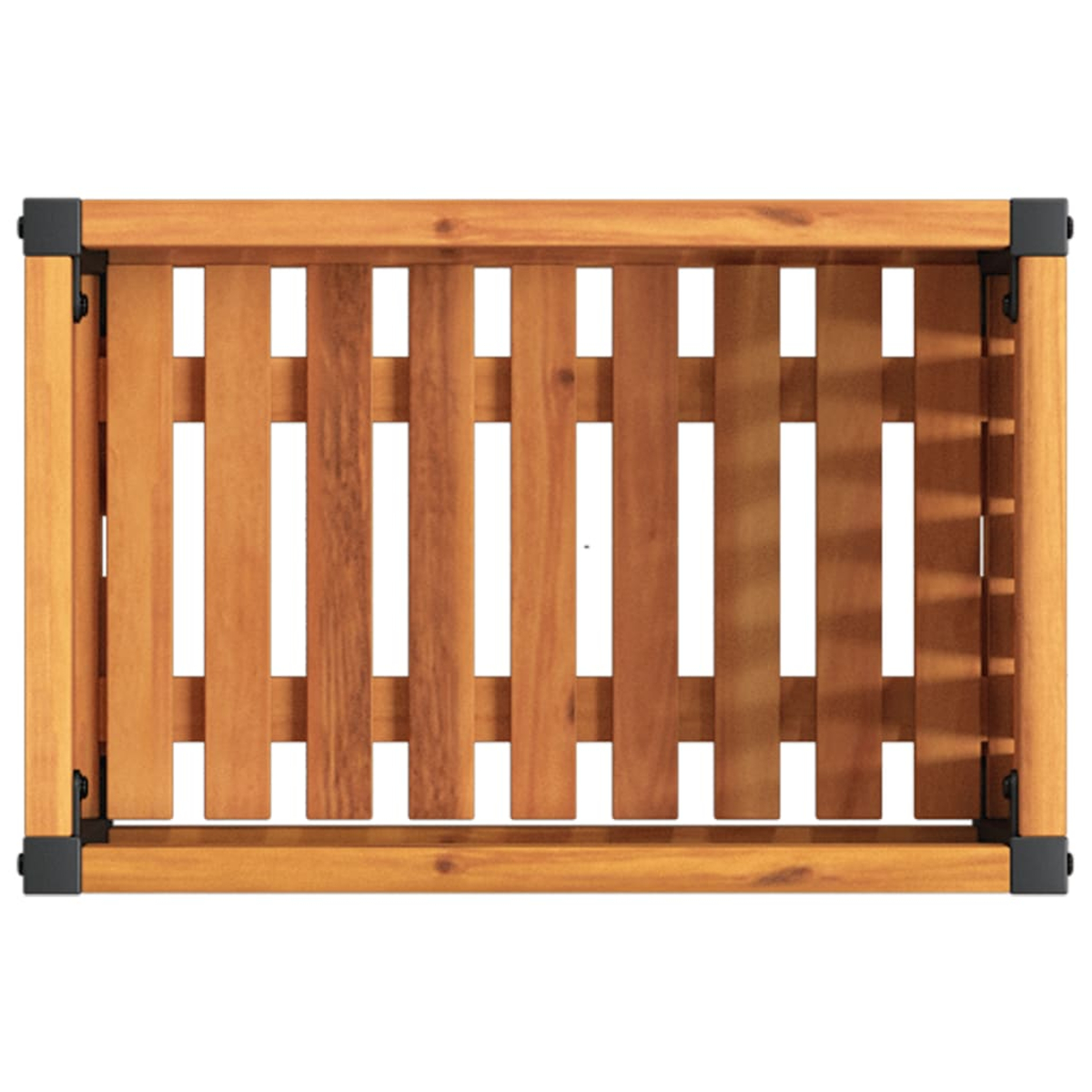 Holzregal mit vertikalen Latten und schwarzen Eckverbindern von oben.