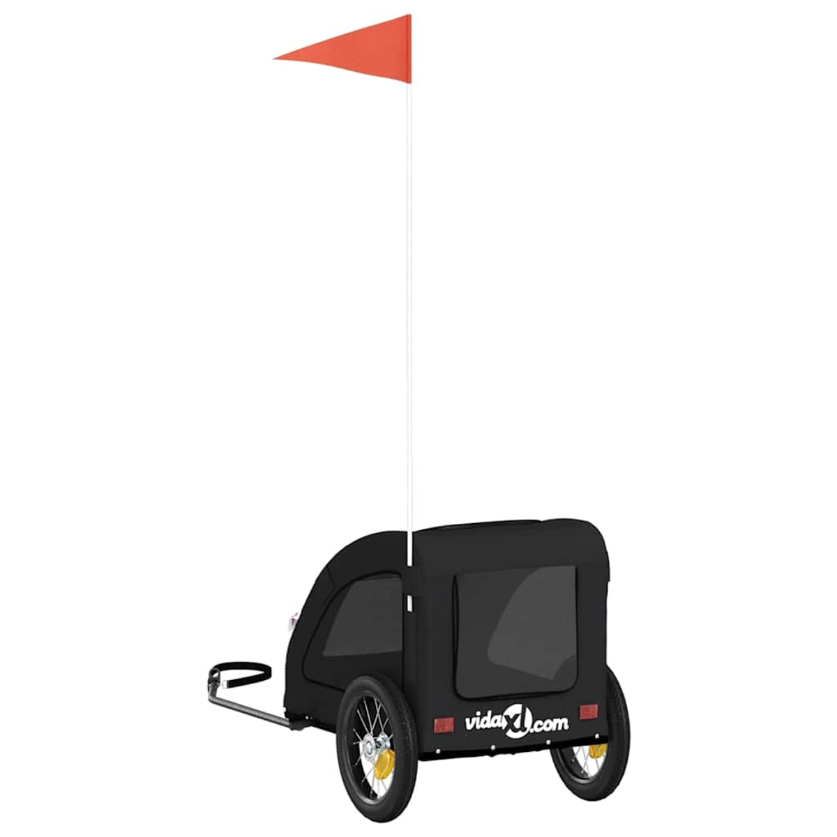 Schwarzer Fahrradanhänger mit zwei Rädern, orangefarbener Fahne und vidaXL.com-Logo.