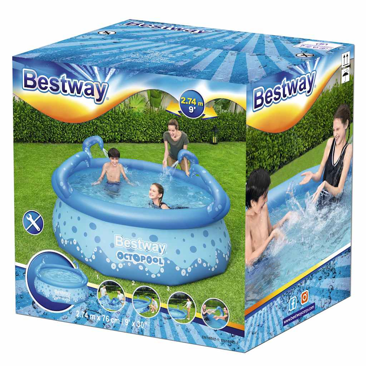Aufblasbarer Bestway Octopool Pool mit Kindern und Erwachsenen im Garten.