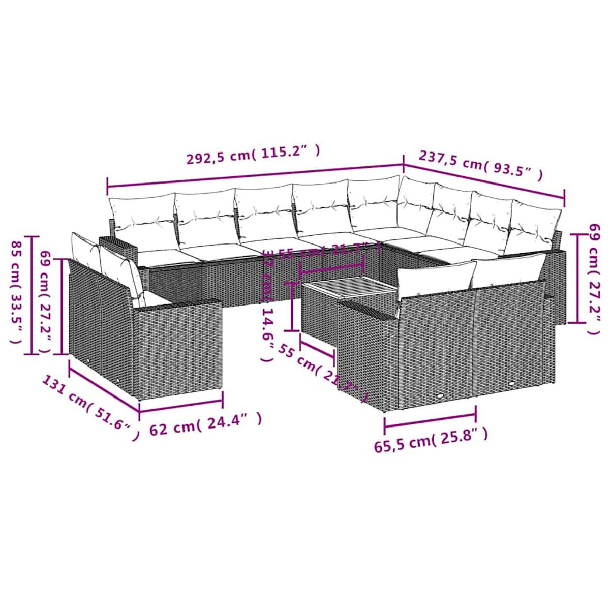 Diagramm eines modularen Sofas für den Außenbereich mit Maßen. Rattanstil, grau, mit weißen Kissen.