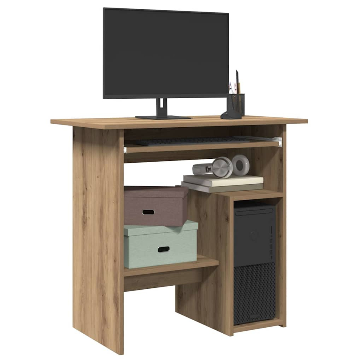 Ein Computertisch aus Holz mit Monitor, Tastatur, PC, Kopfhörern und Boxen.