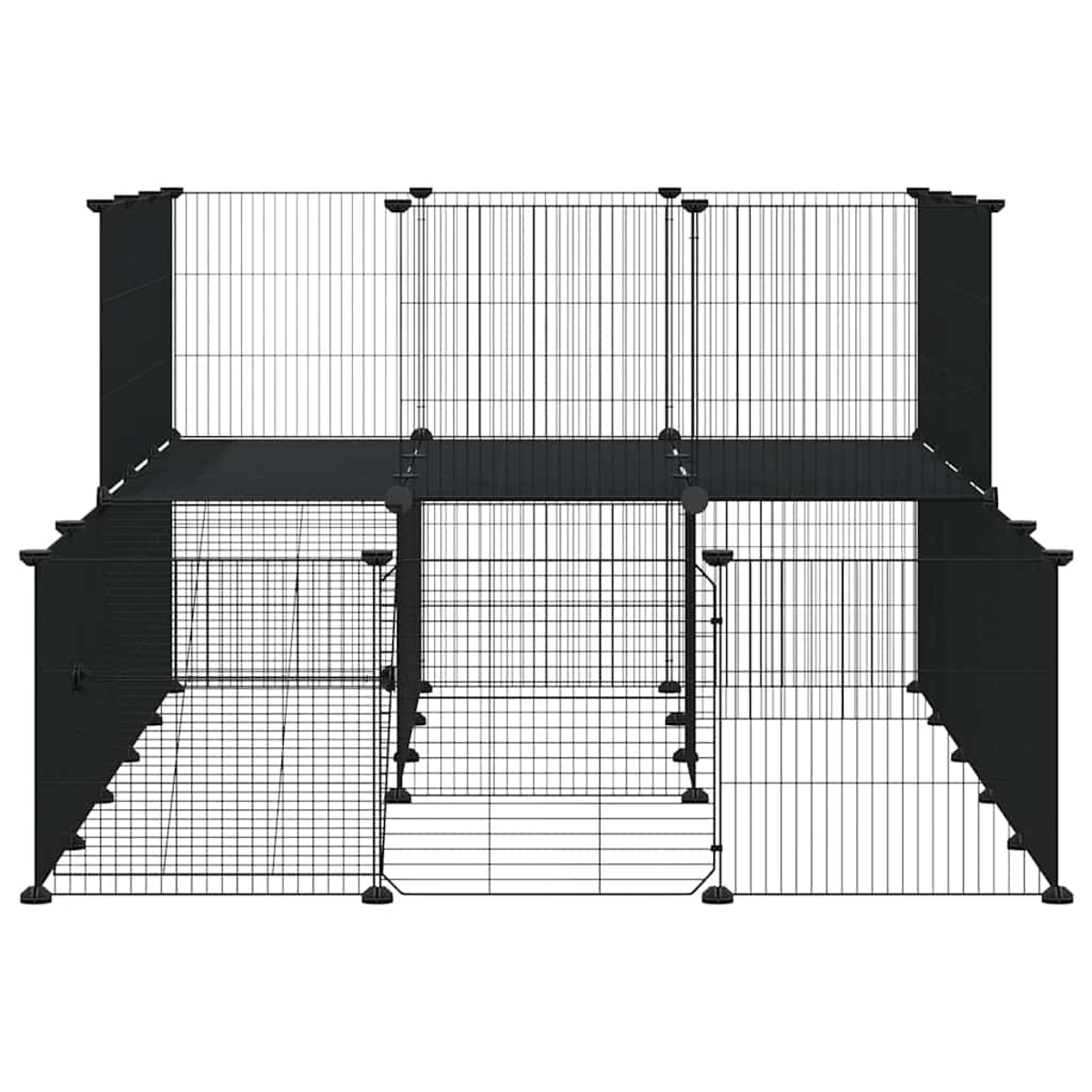 Ein schwarzer, mehrstöckiger Käfig mit Gittern und Rampen.